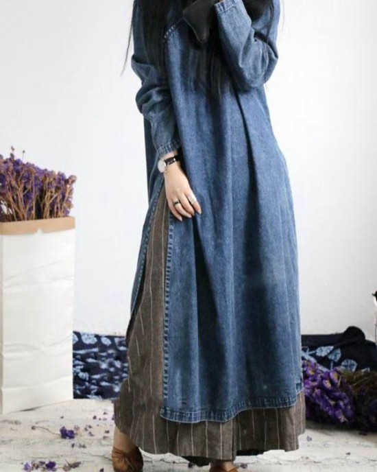 Loose Button Split-side Jeans Long Dress