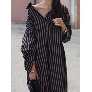 Loose Striped Lapel Split-joint Blouse Dress