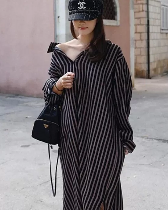 Loose Striped Lapel Split-joint Blouse Dress