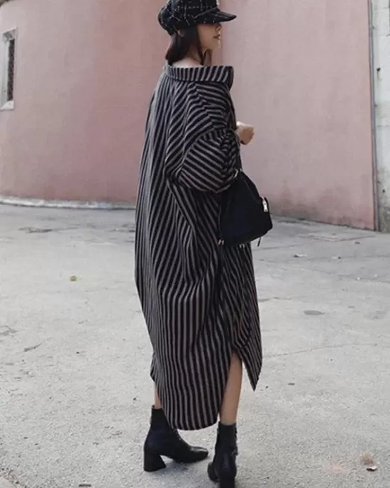 Loose Striped Lapel Split-joint Blouse Dress