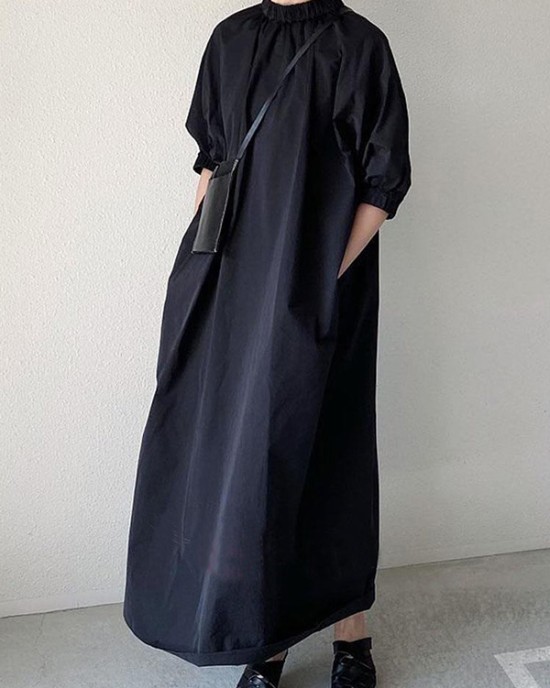 Simple Solid Color Stand Collar Loose Half Sleeve Shirt Dress