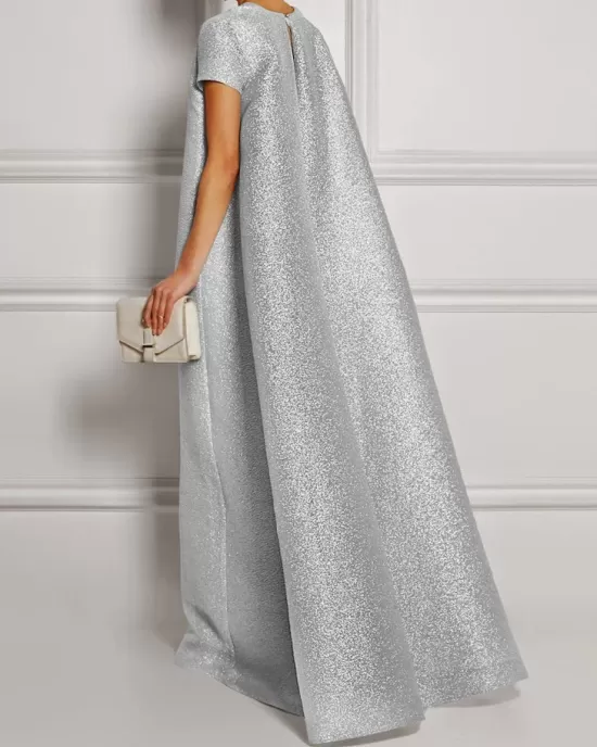 Loose Short Sleeves Shiny Solid Color V-Neck Maxi Dresses