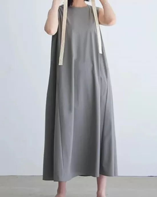 Solid Color Loose Sleeveless Round-Neck Midi Dresses