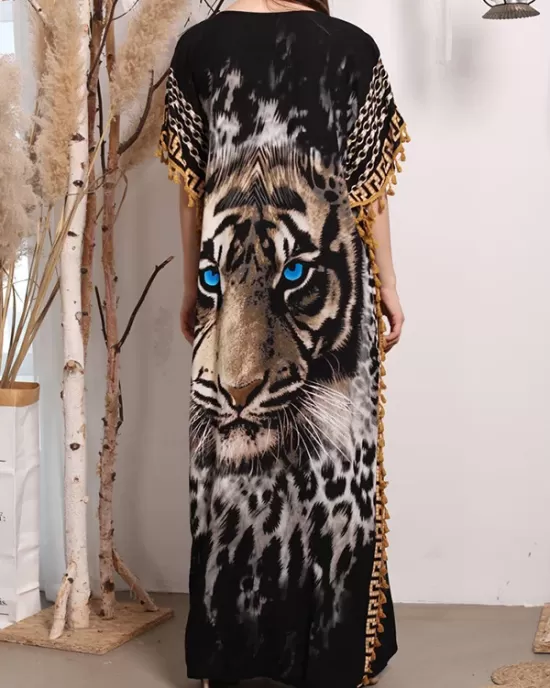 Batwing Sleeves Loose Muslim Tasseled Tiger Printed Maxi Dresses