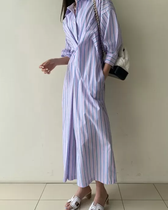 Buttoned Contrast Color Pockets Striped Long Sleeves Loose Lapel Shirt Dress Midi Dresses