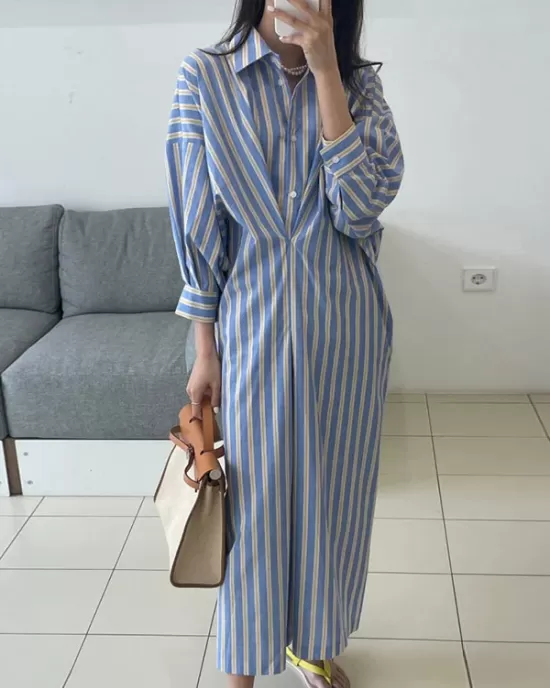 Buttoned Contrast Color Pockets Striped Long Sleeves Loose Lapel Shirt Dress Midi Dresses