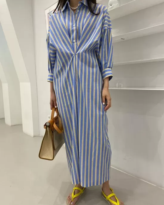 Buttoned Contrast Color Pockets Striped Long Sleeves Loose Lapel Shirt Dress Midi Dresses