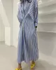 Buttoned Contrast Color Pockets Striped Long Sleeves Loose Lapel Shirt Dress Midi Dresses