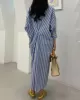 Buttoned Contrast Color Pockets Striped Long Sleeves Loose Lapel Shirt Dress Midi Dresses