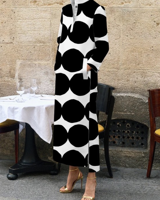 Long Sleeves Loose Polka-Dot Split-Side Stand Collar Midi Dresses