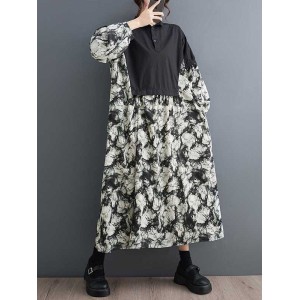 Buttoned Printed Split-Joint Long Sleeves Loose Lapel Midi Dresses