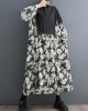 Buttoned Printed Split-Joint Long Sleeves Loose Lapel Midi Dresses