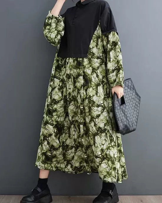 Buttoned Printed Split-Joint Long Sleeves Loose Lapel Midi Dresses