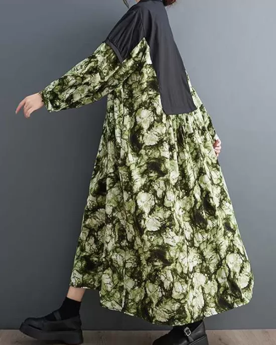 Buttoned Printed Split-Joint Long Sleeves Loose Lapel Midi Dresses