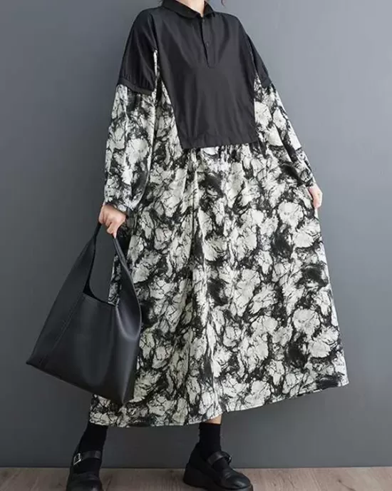 Buttoned Printed Split-Joint Long Sleeves Loose Lapel Midi Dresses