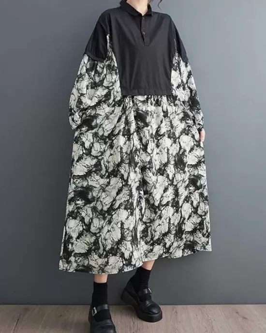 Buttoned Printed Split-Joint Long Sleeves Loose Lapel Midi Dresses