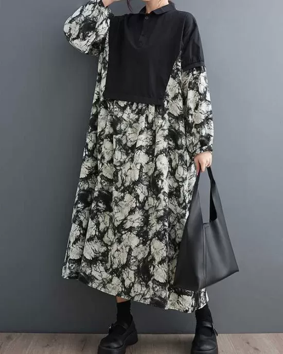 Buttoned Printed Split-Joint Long Sleeves Loose Lapel Midi Dresses