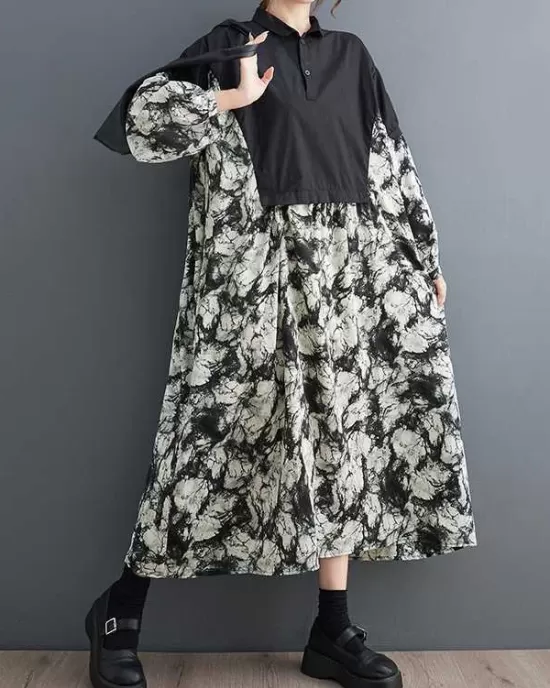 Buttoned Printed Split-Joint Long Sleeves Loose Lapel Midi Dresses