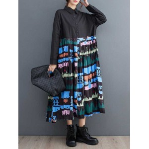 Buttoned Pleated Printed Split-Joint A-Line Long Sleeves Lapel Midi Dresses