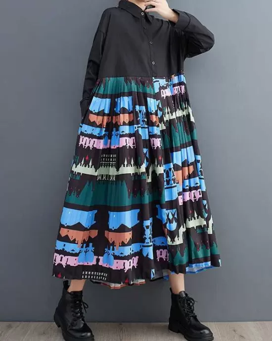 Buttoned Pleated Printed Split-Joint A-Line Long Sleeves Lapel Midi Dresses