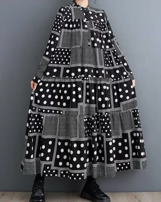 Buttoned Polka-Dot Printed Split-Joint Long Sleeves Loose Midi Dresses