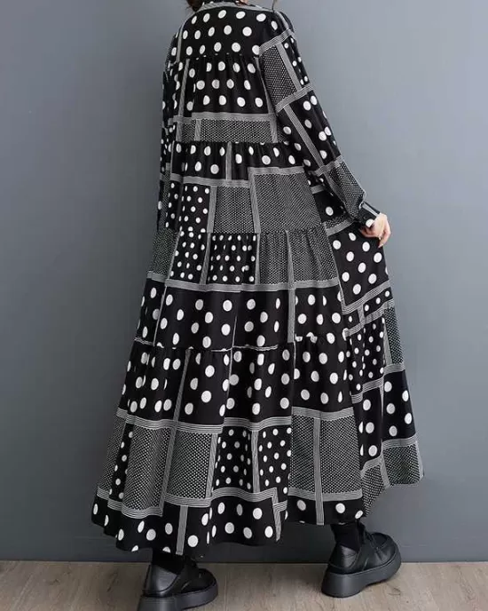 Buttoned Polka-Dot Printed Split-Joint Long Sleeves Loose Midi Dresses