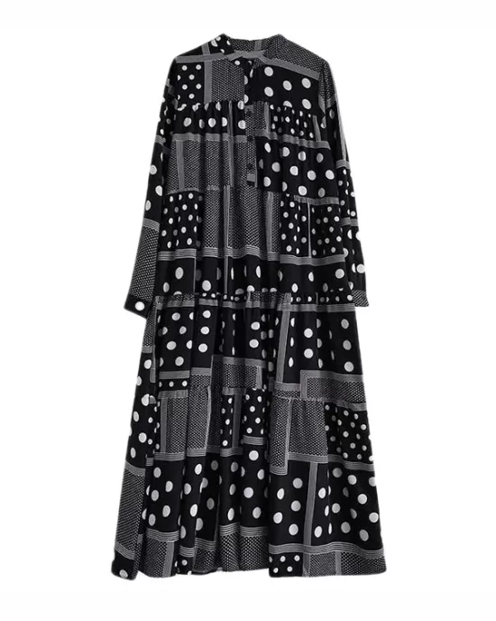 Buttoned Polka-Dot Printed Split-Joint Long Sleeves Loose Midi Dresses