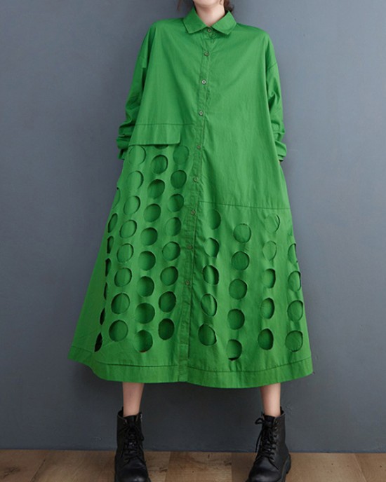 Asymmetric Hollow Polka-Dot Solid Color A-Line Long Sleeves Lapel Midi Dresses