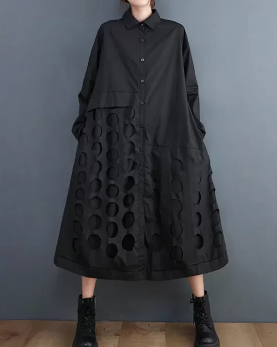 Asymmetric Hollow Polka-Dot Solid Color A-Line Long Sleeves Lapel Midi Dresses