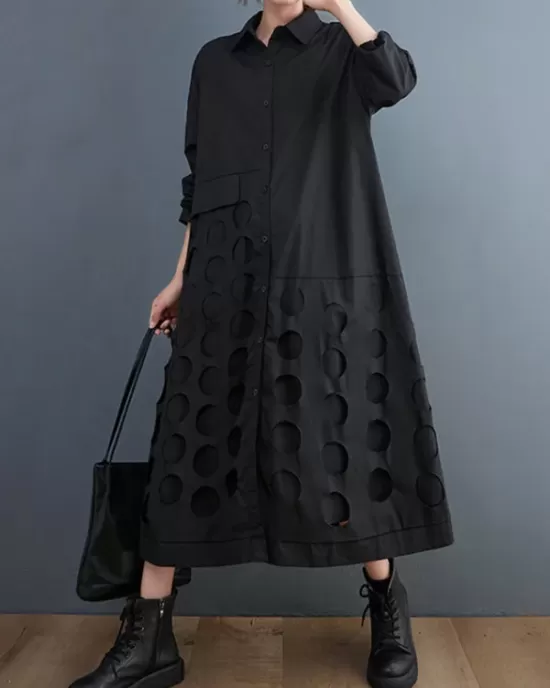 Asymmetric Hollow Polka-Dot Solid Color A-Line Long Sleeves Lapel Midi Dresses