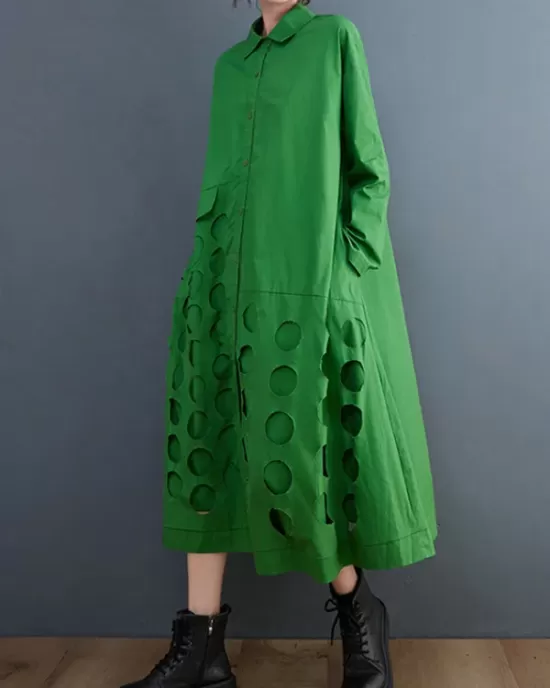 Asymmetric Hollow Polka-Dot Solid Color A-Line Long Sleeves Lapel Midi Dresses