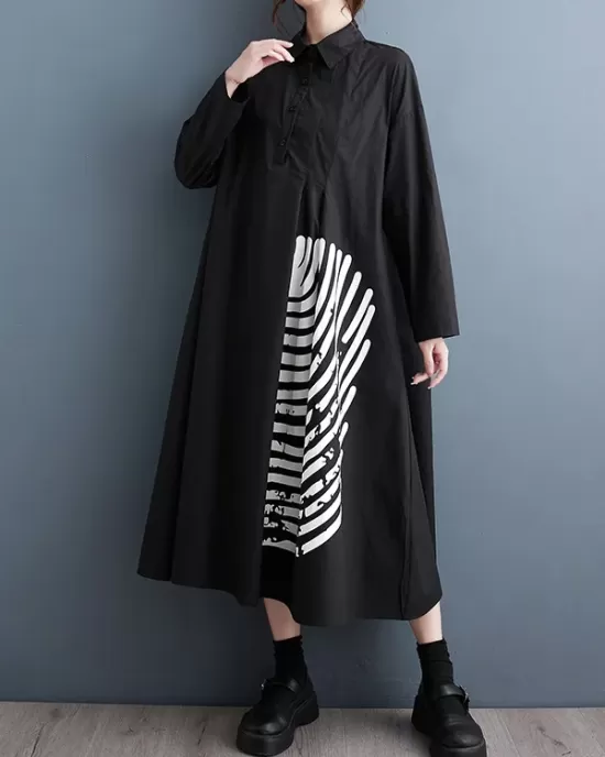 Asymmetric Buttoned Striped A-Line Long Sleeves Lapel Midi Dresses