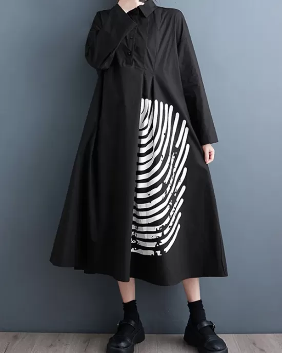 Asymmetric Buttoned Striped A-Line Long Sleeves Lapel Midi Dresses