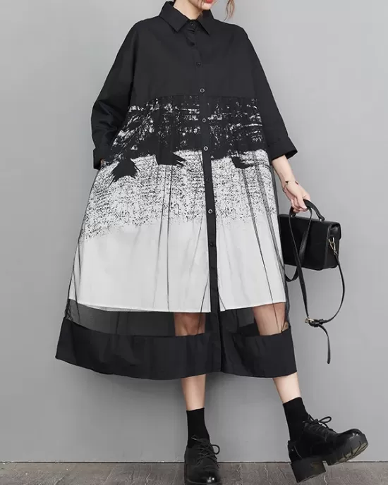 Buttoned Gauze Printed Split-Joint A-Line Long Sleeves Lapel Midi Dresses