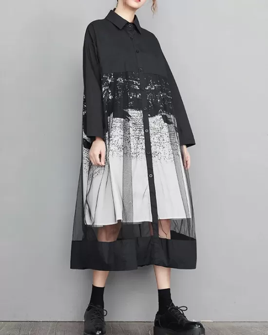 Buttoned Gauze Printed Split-Joint A-Line Long Sleeves Lapel Midi Dresses