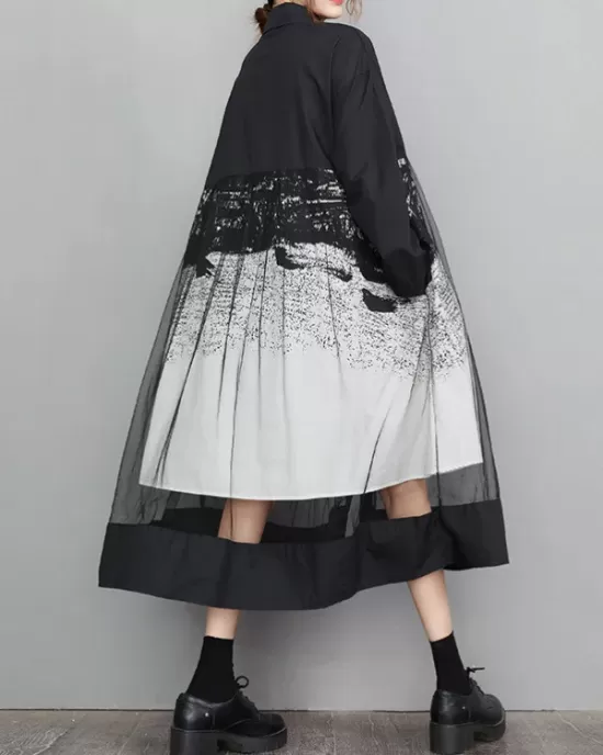 Buttoned Gauze Printed Split-Joint A-Line Long Sleeves Lapel Midi Dresses