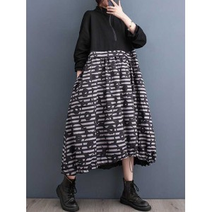 Drawstring Printed Split-Joint Zipper Long Sleeves Loose Midi Dresses