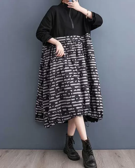 Drawstring Printed Split-Joint Zipper Long Sleeves Loose Midi Dresses