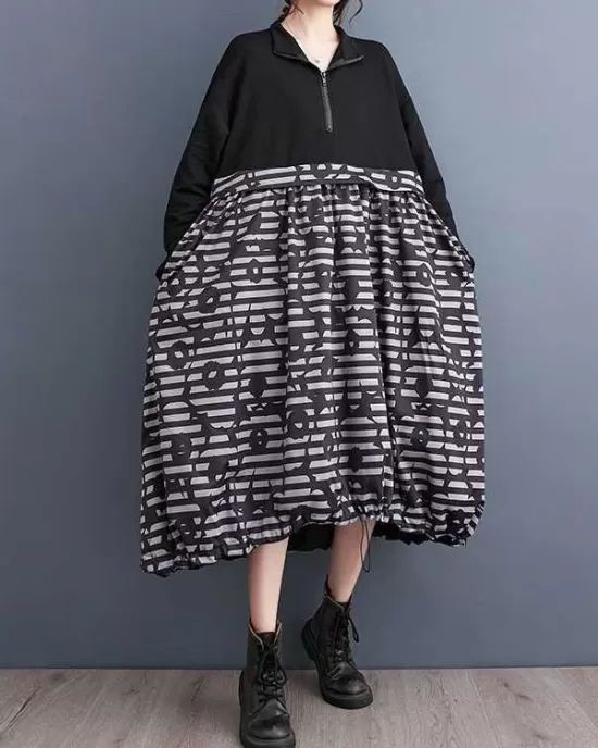 Drawstring Printed Split-Joint Zipper Long Sleeves Loose Midi Dresses