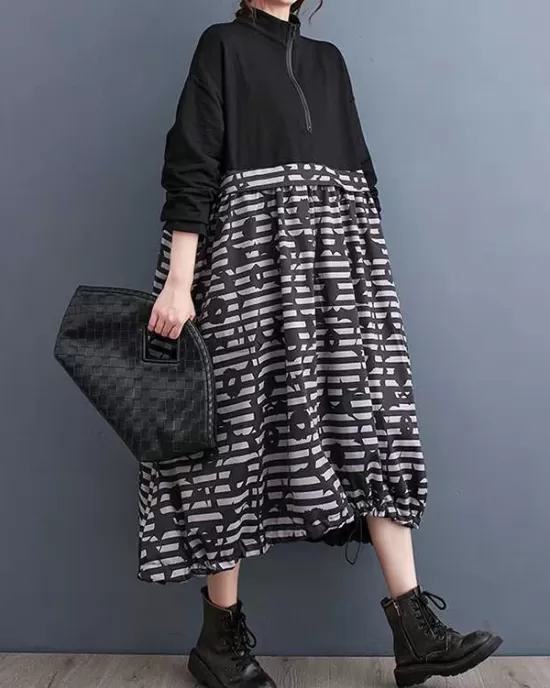 Drawstring Printed Split-Joint Zipper Long Sleeves Loose Midi Dresses