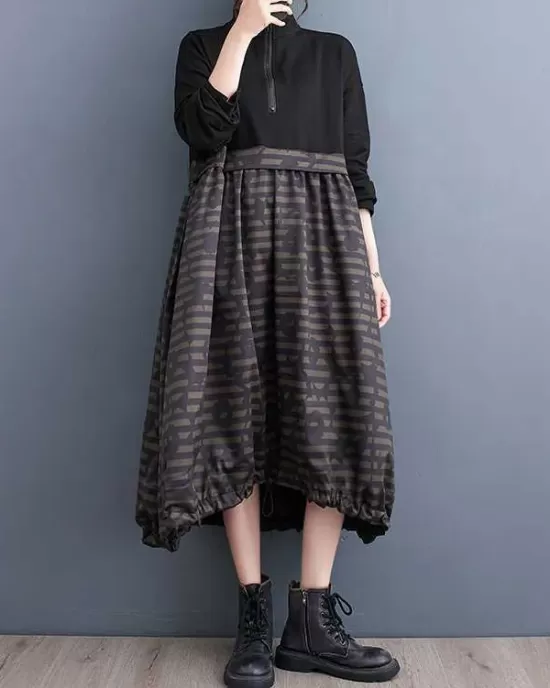 Drawstring Printed Split-Joint Zipper Long Sleeves Loose Midi Dresses