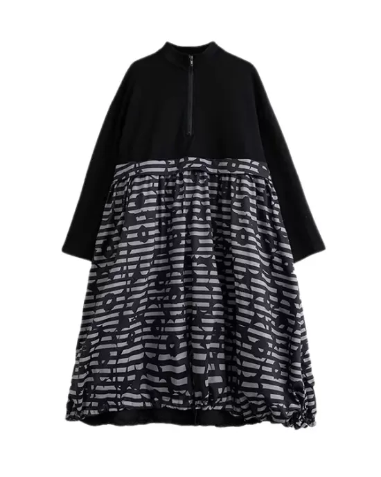 Drawstring Printed Split-Joint Zipper Long Sleeves Loose Midi Dresses