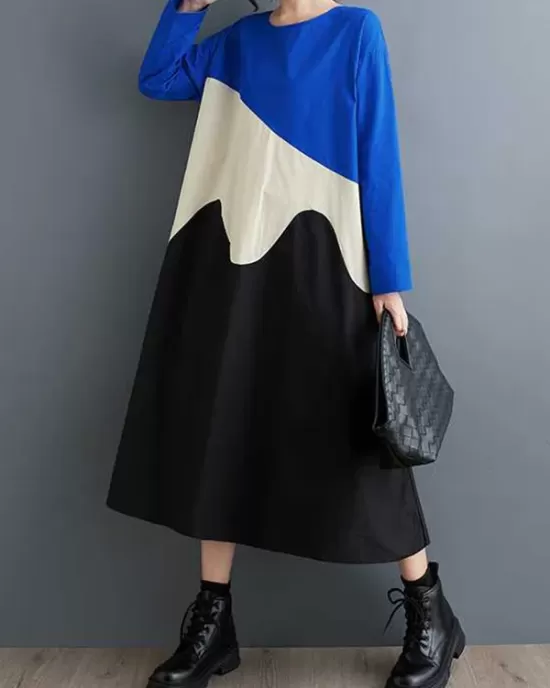 Contrast Color A-Line Long Sleeves Round-Neck Midi Dresses