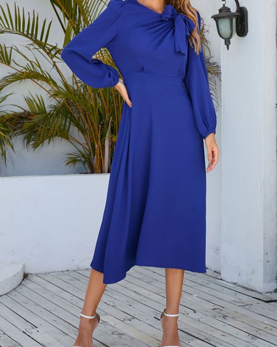 Asymmetric Bowknot Elasticity Solid Color A-Line Long Sleeves Round-Neck Midi Dresses