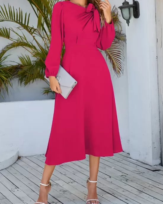 Asymmetric Bowknot Elasticity Solid Color A-Line Long Sleeves Round-Neck Midi Dresses