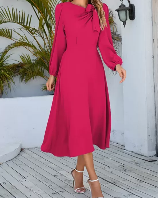 Asymmetric Bowknot Elasticity Solid Color A-Line Long Sleeves Round-Neck Midi Dresses