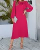 Asymmetric Bowknot Elasticity Solid Color A-Line Long Sleeves Round-Neck Midi Dresses