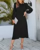 Asymmetric Bowknot Elasticity Solid Color A-Line Long Sleeves Round-Neck Midi Dresses