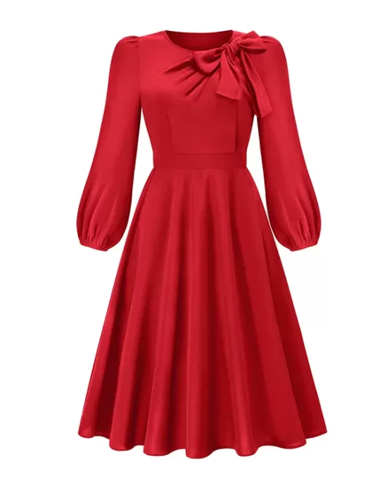 Asymmetric Bowknot Elasticity Solid Color A-Line Long Sleeves Round-Neck Midi Dresses