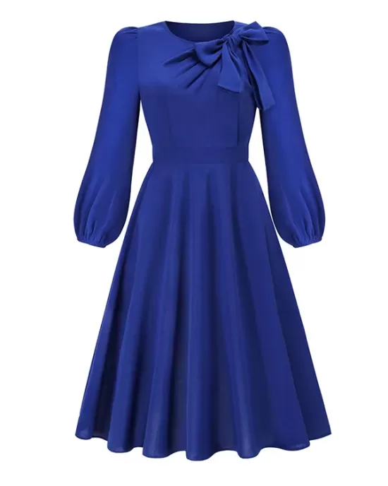 Asymmetric Bowknot Elasticity Solid Color A-Line Long Sleeves Round-Neck Midi Dresses